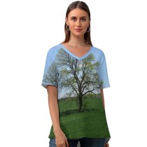 yanfind V Neck T-shirt for Women Tree Field Farm Country Sky Lonely Natural Landscape Grassland Pasture Grass Meadow Summer Top  Short Sleeve Casual Loose