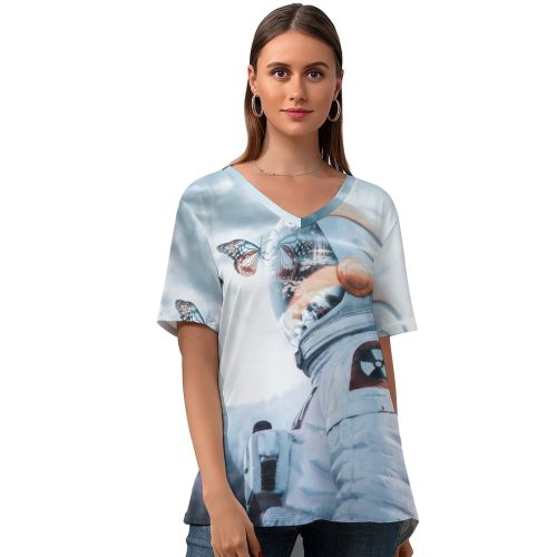 yanfind V Neck T-shirt for Women Comfreak Radioactive Suit Butterfly Science Clouds Sky Reflection Nuclear Summer Top  Short Sleeve Casual Loose