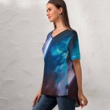 yanfind V Neck T-shirt for Women Vadim Sadovski Space Purple Planet Cosmos Stars Galaxy Asteroids Summer Top  Short Sleeve Casual Loose