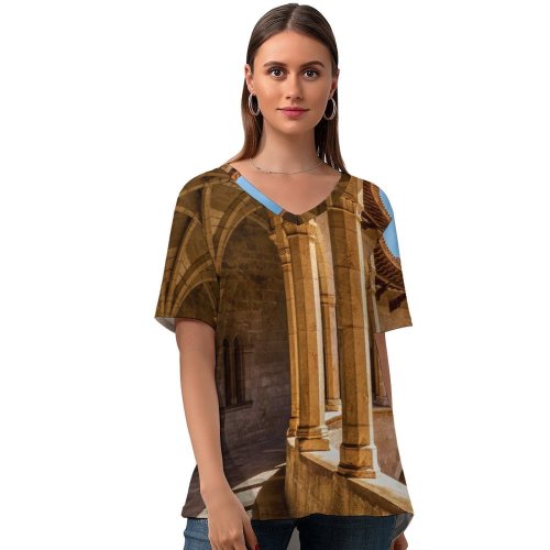 yanfind V Neck T-shirt for Women Castle Patio Best Building Spain Facade HQ Palma Sky Fantasy Wallpapers Summer Top  Short Sleeve Casual Loose