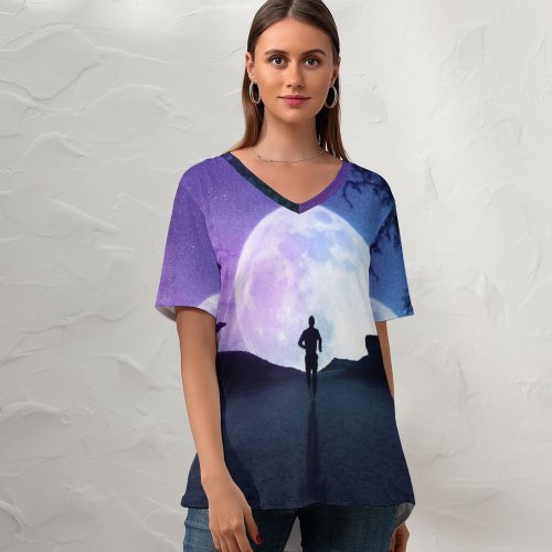 yanfind V Neck T-shirt for Women Fantasy Moon Silhouette Running Starry Sky Night Road Summer Top  Short Sleeve Casual Loose