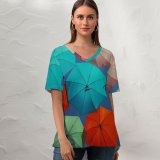 yanfind V Neck T-shirt for Women Mattia Astorino Umbrellas Multicolor Colorful Vibrant Sky Summer Top  Short Sleeve Casual Loose