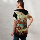 yanfind V Neck T-shirt for Women Black Dark Chameleon Lizard Multicolor Closeup Macro AMOLED HDR Summer Top  Short Sleeve Casual Loose