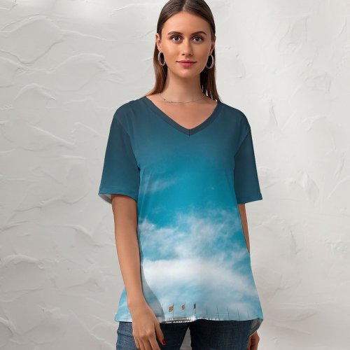 yanfind V Neck T-shirt for Women Billboards Building Spain Public Sky Wallpapers Barcelona Arena Mysterious Blanco Travel Summer Top  Short Sleeve Casual Loose