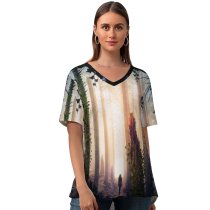 yanfind V Neck T-shirt for Women Thiago Garcia Fantasy Girl Alone Forest Mystic Surreal Portal Dream Summer Top  Short Sleeve Casual Loose
