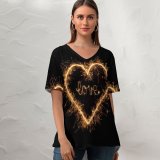 yanfind V Neck T-shirt for Women Black Dark Love Love Heart Sparkles Night Letters Summer Top  Short Sleeve Casual Loose