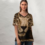 yanfind V Neck T-shirt for Women Black Dark Jaguar Wildcat Wild Carnivore Summer Top  Short Sleeve Casual Loose