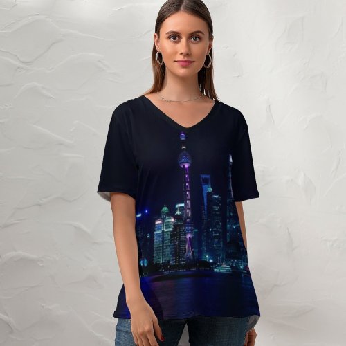 yanfind V Neck T-shirt for Women Black Dark Shanghai City China Cityscape Reflection Night Time City Lights Skyscrapers Summer Top  Short Sleeve Casual Loose