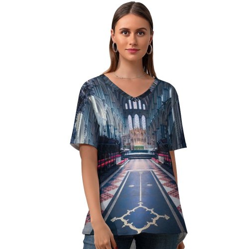 yanfind V Neck T-shirt for Women Otto Berkeley Ely Cathedral Church England Ancient Architecture United Kingdom Peaceful Interior Summer Top  Short Sleeve Casual Loose