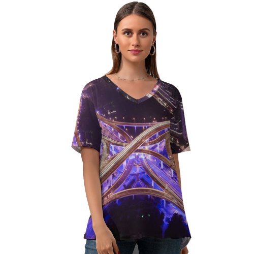 yanfind V Neck T-shirt for Women Denys Nevozhai Interchange Roads Intersection Cityscape Aerial Night Time City Lights Purple Summer Top  Short Sleeve Casual Loose