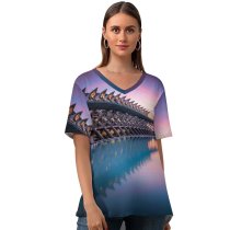 yanfind V Neck T-shirt for Women William Warby City Sciences Valencia Spain Sunrise Pool Reflection Architecture Summer Top  Short Sleeve Casual Loose