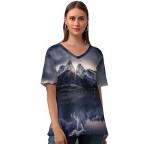 yanfind V Neck T-shirt for Women Grafixart Mountain Sunlight Lake Reflection Morning Sunrise Summer Top  Short Sleeve Casual Loose