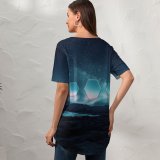 yanfind V Neck T-shirt for Women Karan Gujar Night Landscape Aurora Borealis Hexagons Starry Sky Fusion Summer Top  Short Sleeve Casual Loose