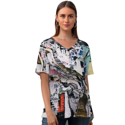 yanfind V Neck T-shirt for Women Iceland Torn Brochure Reykjavík HQ Texture Wallpapers Ripped Stock Free Tear Summer Top  Short Sleeve Casual Loose