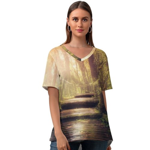 yanfind V Neck T-shirt for Women Dorothe Wooden Stairs Forest Jungle Trees Sunlight Wooden Planks Summer Top  Short Sleeve Casual Loose