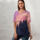 yanfind V Neck T-shirt for Women Bruno Glätsch Snow Covered Tall Trees Sunset Afterglow Winter Purple Sky Scenery Summer Top  Short Sleeve Casual Loose