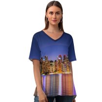 yanfind V Neck T-shirt for Women Harrison Haines Toronto Skyscrapers Canada Cityscape Night Lights Waterfront Dusk Reflections Architecture Summer Top  Short Sleeve Casual Loose