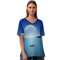 yanfind V Neck T-shirt for Women Moon Night Seascape Sailing Boat Minimal Summer Top  Short Sleeve Casual Loose