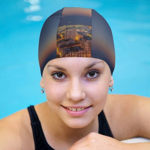 yanfind Swimming Cap Crevisio Monaco Yacht Show Cityscape City Lights Night Time Ocean Seascape Sunset Elastic,suitable for long and short hair