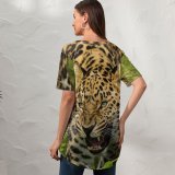 yanfind V Neck T-shirt for Women Leopard Grass Wild Big Cat Summer Top  Short Sleeve Casual Loose