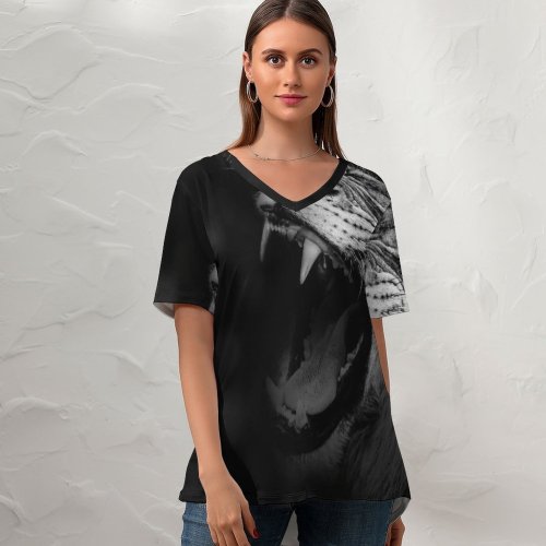 yanfind V Neck T-shirt for Women Randy Rodriguez Dark Lion Roaring Predator Summer Top  Short Sleeve Casual Loose