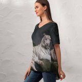 yanfind V Neck T-shirt for Women Anek Suwannaphoom Bengal Tiger Cave Tiger Wild Summer Top  Short Sleeve Casual Loose