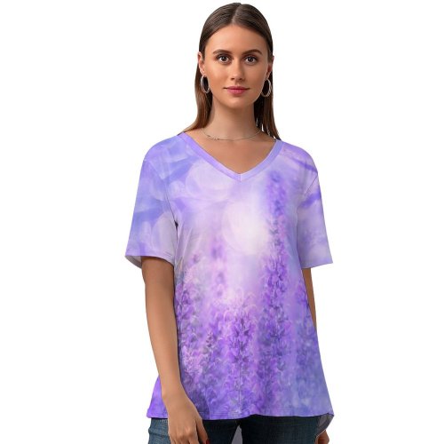 yanfind V Neck T-shirt for Women Sage Plant Violet Flowers Butterfly Garden Purple Summer Top  Short Sleeve Casual Loose