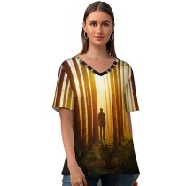 yanfind V Neck T-shirt for Women Johannes Plenio Silhouette Sunset Forest Woods Summer Top  Short Sleeve Casual Loose