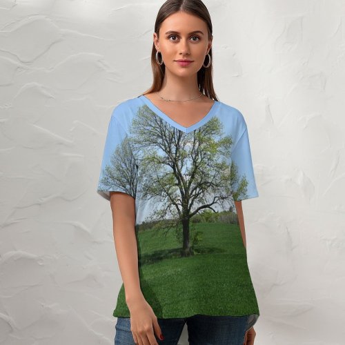 yanfind V Neck T-shirt for Women Tree Field Farm Country Sky Lonely Natural Landscape Grassland Pasture Grass Meadow Summer Top  Short Sleeve Casual Loose