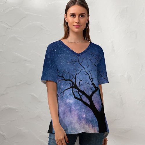 yanfind V Neck T-shirt for Women Love Couple Night Romantic Kiss Silhouette Starry Sky Summer Top  Short Sleeve Casual Loose