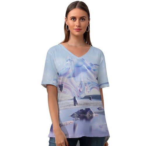 yanfind V Neck T-shirt for Women Abstract Technology Microsoft Microsoft Design Windows Glossy Landscape Summer Top  Short Sleeve Casual Loose