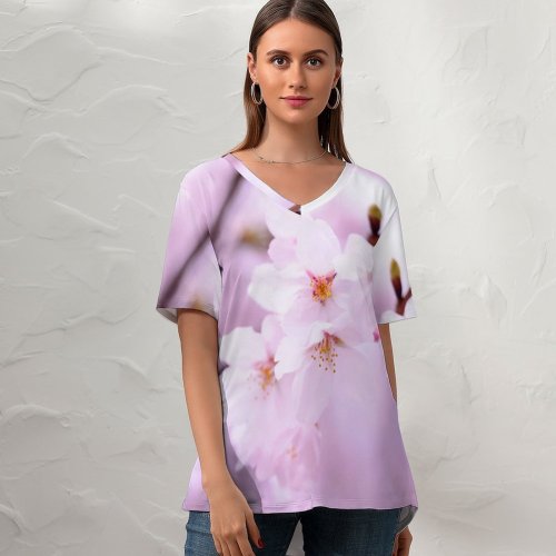 yanfind V Neck T-shirt for Women Flowers Cherry Blossom Cherry Flowers Spring Flowers Summer Top  Short Sleeve Casual Loose