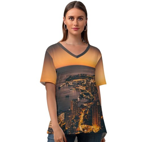 yanfind V Neck T-shirt for Women Monte Carlo Sunset Dawn Cityscape Harbor City Lights Night Dusk Monaco  Summer Top  Short Sleeve Casual Loose