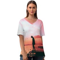 yanfind V Neck T-shirt for Women HQ Public Sky Wallpapers Dusk Outdoors Pictures Dawn Desktop Sunrise Sunset Summer Top  Short Sleeve Casual Loose
