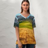 yanfind V Neck T-shirt for Women Trey Ratcliff Golf Course Landscape Mountains Lake Par Scenery Summer Top  Short Sleeve Casual Loose