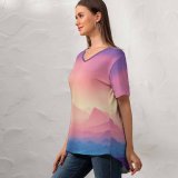 yanfind V Neck T-shirt for Women Coyle Valley Landscape Mountains Gradient Colorful Scenery Layers Panorama Summer Top  Short Sleeve Casual Loose
