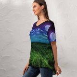 yanfind V Neck T-shirt for Women Moon Landscape Night Field Cloudy Summer Top  Short Sleeve Casual Loose