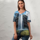 yanfind V Neck T-shirt for Women Robin Kamp Seljalandsfoss Waterfalls Iceland Stream Cliff Moss Exposure Landscape Scenery Sky Summer Top  Short Sleeve Casual Loose