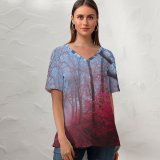 yanfind V Neck T-shirt for Women Maple Trees Maple Leaves Foliage Path Forest Foggy Morning Summer Top  Short Sleeve Casual Loose