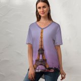 yanfind V Neck T-shirt for Women Denys Nevozhai Eiffel Tower Paris France Evening Purple Sky Lights Iconic Summer Top  Short Sleeve Casual Loose