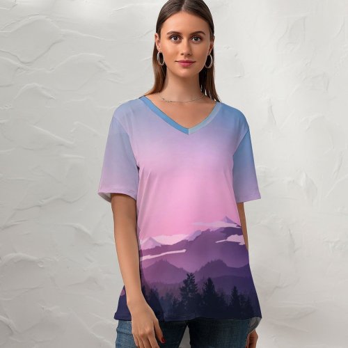yanfind V Neck T-shirt for Women RmRadev Moon Evening Sky Mountains Forest Silhouette Summer Top  Short Sleeve Casual Loose