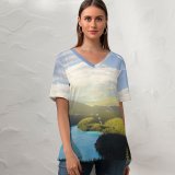 yanfind V Neck T-shirt for Women Robin Christ Banff National Park Peyto Lake Canadian Rockies Mountains Forest Daylight Summer Top  Short Sleeve Casual Loose