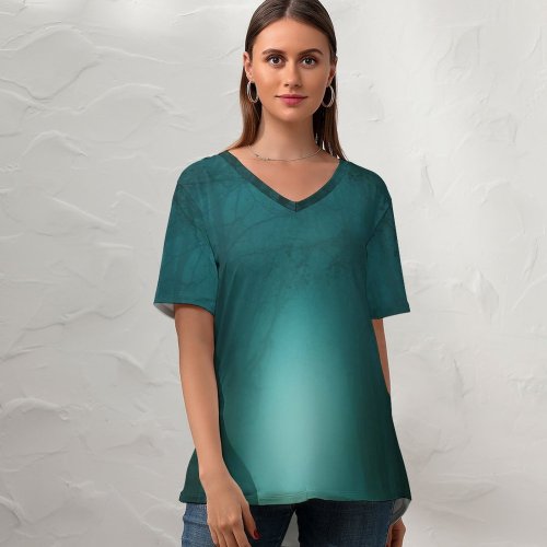 yanfind V Neck T-shirt for Women Dorothe Forest Path Foggy Morning Teal Turquoise Trees Summer Top  Short Sleeve Casual Loose