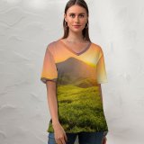 yanfind V Neck T-shirt for Women Anek Suwannaphoom Tea form Cameron Highlands Sunrise Landscape Hills Agriculture Malaysia Summer Top  Short Sleeve Casual Loose