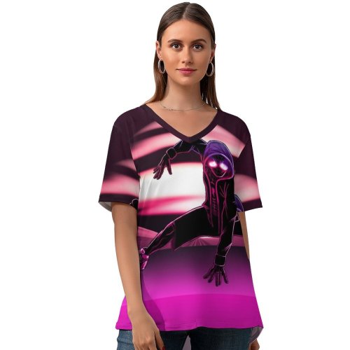 yanfind V Neck T-shirt for Women Dharmendra Sky Graphics CGI Miles Morales SpiderMan Neon Summer Top  Short Sleeve Casual Loose