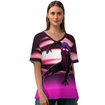 yanfind V Neck T-shirt for Women Dharmendra Sky Graphics CGI Miles Morales SpiderMan Neon Summer Top  Short Sleeve Casual Loose