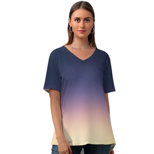 yanfind V Neck T-shirt for Women Starry Sky Sunlight Sunset Meteorite Fall Summer Top  Short Sleeve Casual Loose