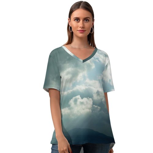 yanfind V Neck T-shirt for Women Storm Stormy Cloudy Dark Grey Light Rays Sun Sunny Sky Cloud Atmosphere Summer Top  Short Sleeve Casual Loose