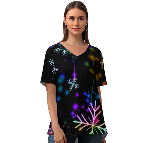 yanfind V Neck T-shirt for Women Rachel Burkum Celebrations Christmas Snowflakes Winter AMOLED Colorful Bokeh Summer Top  Short Sleeve Casual Loose
