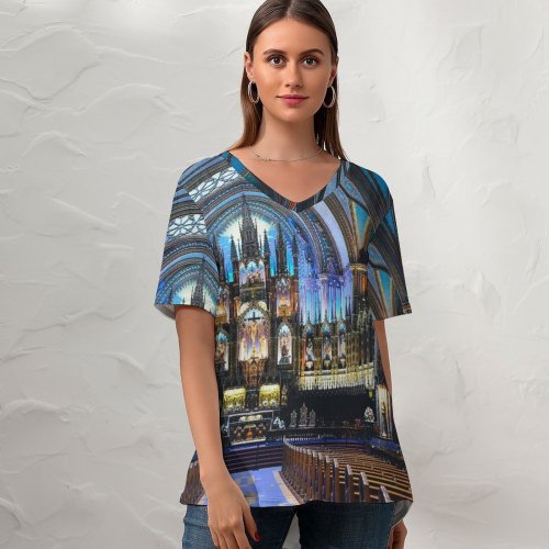 yanfind V Neck T-shirt for Women Basilica Catherdral Building Montréal Paris Montreal Aisle Notre-Dame Dame De Architecture Summer Top  Short Sleeve Casual Loose